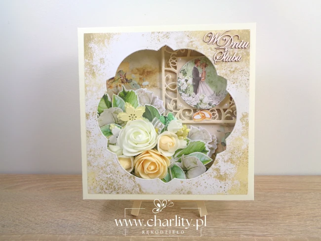 Kartka handmade na ślub w eleganckim pudełku z dopasowanym motywem