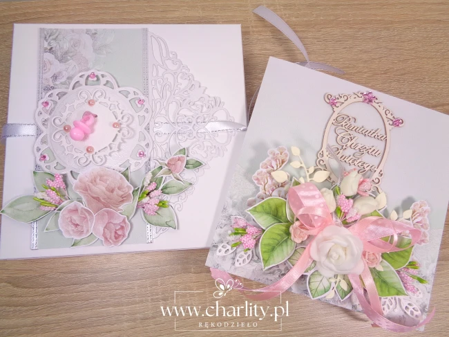 Pamiątka Chrztu handmade w pudełku kartka z różowym smoczkiem