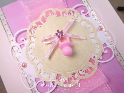 Kartka handmade na Chrzciny - Różowy smoczek dla dziewczynki